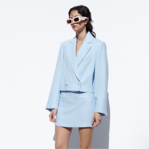 ZARA WOMAN NWT SHORT JACKET CROP LINEN BLAZER LIGHT BLUE 2447/710 - Picture 1 of 9